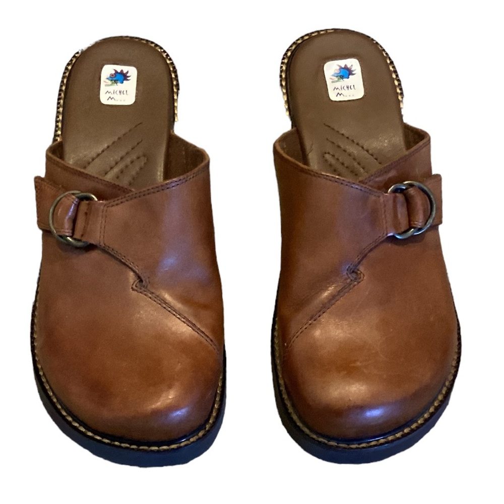 Michel M Leather and Wood Slip On Clogs 10